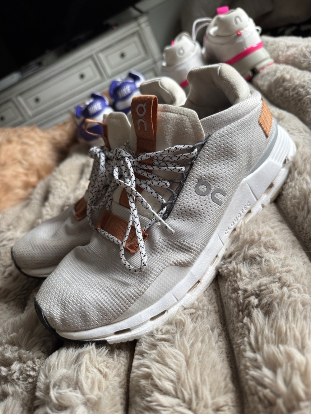 On Running Women's White Athletic Sneakers with Tan Accents